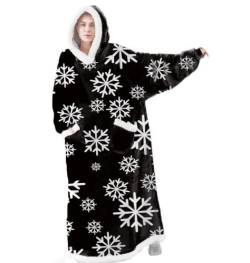 iyoimono Hoodie Decke für DamenHerren Flanell Fleece Oversized Kapuzen Pullover Sweatshirt Kuscheldecke Flauschige Sherpa TV-Decke mit Ärmeln Übergroße Ganzkörperdecke(Schwarze Schneeflocke,150cm) von iyoimono