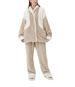 iyoimono Schlafanzug Für Damen 2-Set Pyjama Mit Lange Oberteile Und Hosen Polar Fleece Hausanzug Kuschelige Und Warmes Flanell Nachtwasche PjS Flanell Fleece Winter Sleepwear（Khaki trifft weiß，XL） von iyoimono