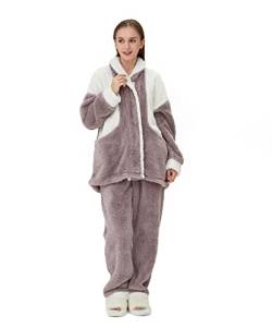 iyoimono Schlafanzug Für Damen 2-Set Pyjama Mit Lange Oberteile Und Hosen Polar Fleece Hausanzug Kuschelige Und Warmes Flanell Nachtwasche PjS Flanell Fleece Winter Sleepwear（Lila trifft weiß，XXL） von iyoimono