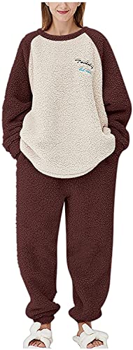 iyoimono Schlafanzug Für Damen 2-Set Pyjama Mit Lange Oberteile Und Hosen Polar Fleece Hausanzug Kuschelige Und Warmes Flanell Nachtwasche PjS Flanell Fleece für Winter Sleepwear（Braun，L） von iyoimono