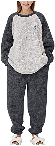 iyoimono Schlafanzug Für Damen 2-Set Pyjama Mit Lange Oberteile Und Hosen Polar Fleece Hausanzug Kuschelige Und Warmes Flanell Nachtwasche PjS Flanell Fleece für Winter Sleepwear（Dunkelgrau，XXL von iyoimono