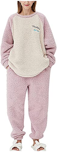 iyoimono Schlafanzug Für Damen 2-Set Pyjama Mit Lange Oberteile Und Hosen Polar Fleece Hausanzug Kuschelige Und Warmes Flanell Nachtwasche PjS Flanell Fleece für Winter Sleepwear（Rosa，M） von iyoimono