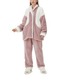 iyoimono Schlafanzug Für Damen 2-Set Pyjama Mit Lange Oberteile Und Hosen Polar Fleece Hausanzug Kuschelige Und Warmes Flanell Nachtwasche PjS Flanell Fleece für Winter Sleepwear（Rosa traf weiß，XL） von iyoimono