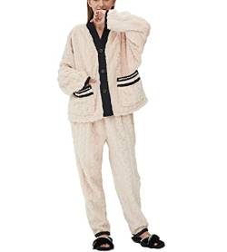 iyoimono Schlafanzug Für Damen 2-Set Pyjama Mit Lange Oberteile Und Hosen Polar Fleece Hausanzug Kuschelige Und Warmes Flanell Nachtwasche PjS Für Frauen Flanell Fleece für Winter Sleepwear（Beige，L） von iyoimono