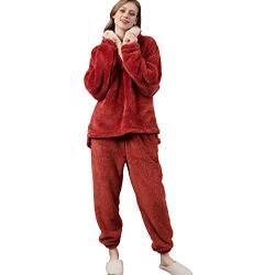 iyoimono Schlafanzug Für Damen 2-Set Pyjama Mit Lange Oberteile Und Hosen Polar Fleece Hausanzug Kuschelige Und Warmes Flanell Nachtwasche PjS Für Frauen Flanell Fleece für Winter Sleepwear(Rot,XXL) von iyoimono