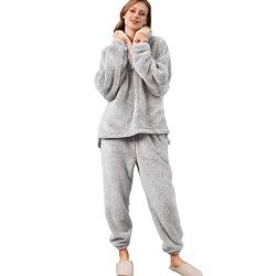 iyoimono Schlafanzug Für Damen 2-Set Pyjama Mit Lange Oberteile Und Hosen Polar Fleece Hausanzug Kuschelige Und Warmes Flanell Nachtwasche PjS Für Frauen Flanell Fleece für Winter Sleepwear(Grau,M) von iyoimono