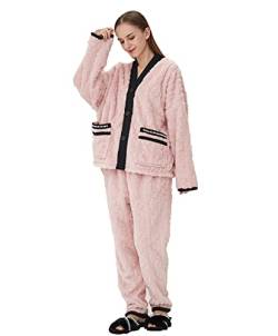 iyoimono Schlafanzug Für Damen 2-Set Pyjama Mit Lange Oberteile Und Hosen Polar Fleece Hausanzug Kuschelige Und Warmes Flanell Nachtwasche PjS Für Frauen Flanell Fleece für Winter Sleepwear（Rosa，XL） von iyoimono