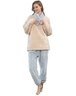 iyoimono Schlafanzug Für Damen 2-Set Pyjama Mit Lange Oberteile Und Hosen Polar Fleece Hausanzug Kuschelige Und Warmes Flanell Nachtwasche PjS Für Frauen für Winter Sleepwear(Weiß Blau,M) von iyoimono