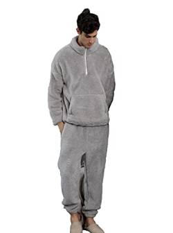 iyoimono Schlafanzug Für Damen 2-Set Pyjama Mit Lange Oberteile Und Hosen Polar Fleece Hausanzug Kuschelige Und Warmes Flanell Nachtwasche PjS Paarmodelle Winter Sleepwear(Grau Stehkragen,XL) von iyoimono