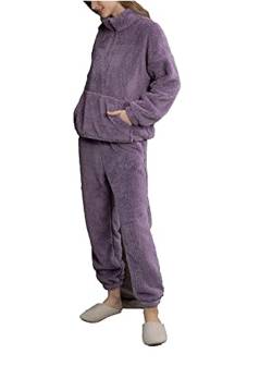 iyoimono Schlafanzug Für Damen 2-Set Pyjama Mit Lange Oberteile Und Hosen Polar Fleece Hausanzug Kuschelige Und Warmes Flanell Nachtwasche PjS Paarmodelle Winter Sleepwear(Lila Stehkragen,M) von iyoimono