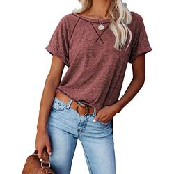 iyoimono T-Shirt Damen Sommer Oberteile Basic Kurzarm Rundhals Tee Tops Casual Loose Shirts Blusen S-XXXL(Rotwein,3XL) von iyoimono