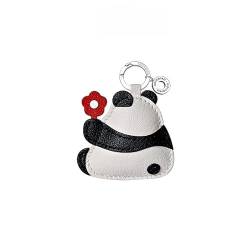 Süßer Panda mit kleiner roter Blütenschlüsselkettenbeutel Anhänger dekorierter Schlüsselbundkette Echtes handgefertigtes Schaffell Nische Geschenk von jackeywu