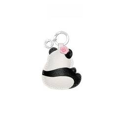 Süßer Panda trägt rosa Blumenschlüsselkettenbeutel Anhänger dekorierter Schlüsselbundkette Echtes handgefertigtes Schafsleder -Nische Geschenk von jackeywu