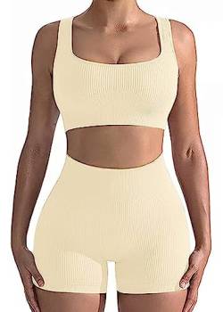 Damen 2 Stück Sport Set kurz Sportanzüge Jogginganzug, Hohe Taille Workout Outfits Nahtlos Gerippte Trainingsanzüge Fitness Yoga Sport BH and Gym Shorts Set(Beige,L) von jakloz