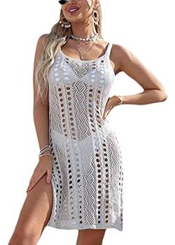 Damen Spaghettiträger Strandkleid Gehäkelter Strandkleider Bikini Cover Up Hollow Out Sommer Pareos Beach Tunika Mini Dress(Beige,L) von jakloz