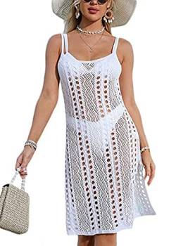 Damen Spaghettiträger Strandkleid Gehäkelter Strandkleider Bikini Cover Up Hollow Out Sommer Pareos Beach Tunika Mini Dress(Weiß,L) von jakloz