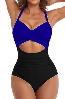 jakloz Badeanzug Damen V Ausschnitt Lace Up Bademode Badeanzug Bauchweg Cut Out Einteilige Strandmode Swimsuit (Blau,S) von jakloz