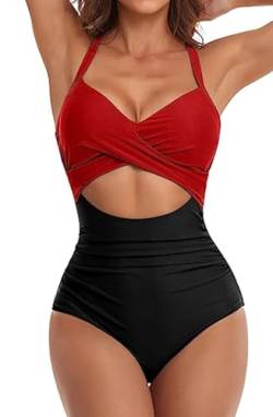 jakloz Badeanzug Damen V Ausschnitt Lace Up Bademode Badeanzug Bauchweg Cut Out Einteilige Strandmode Swimsuit (Rot,XL) von jakloz