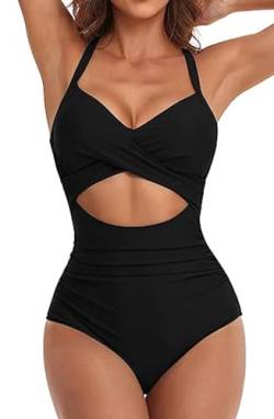 jakloz Badeanzug Damen V Ausschnitt Lace Up Bademode Badeanzug Bauchweg Cut Out Einteilige Strandmode Swimsuit (Schwarz,S) von jakloz