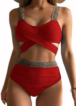 jakloz Damen Bikini Set Sexy Badeanzug Lace Up Bikini Strandmode Bauchweg Zweiteiliger überkreuztes Swimsuit(Rot,L) von jakloz