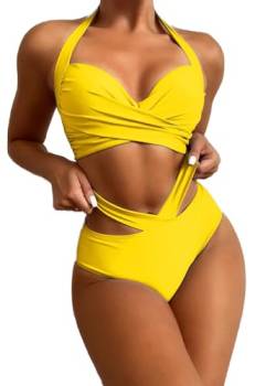 jakloz Damen Bikini Set Sexy Zweiteiliger Badeanzug V Ausschnitt überkreuztes Bademode Lace Up Bikini Swimsuit(Gelb,2XL) von jakloz
