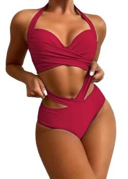 jakloz Damen Bikini Set Sexy Zweiteiliger Badeanzug V Ausschnitt überkreuztes Bademode Lace Up Bikini Swimsuit(Rot,L) von jakloz