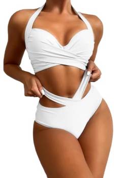 jakloz Damen Bikini Set Sexy Zweiteiliger Badeanzug V Ausschnitt überkreuztes Bademode Lace Up Bikini Swimsuit(Weiß,M) von jakloz