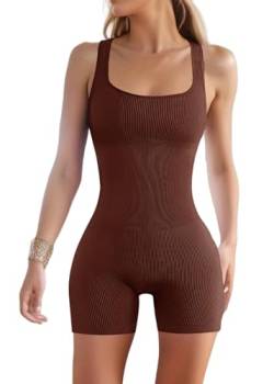 jakloz Damen Jumpsuit Kurz Eng Yoga Sportanzüge Workout Bodysuit Tank Tops Gerippte Bodycon Romper Ärmellose Einteiler Trainingsanzug(Braun,M) von jakloz