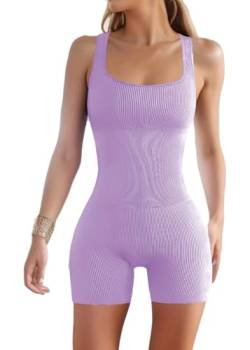 jakloz Damen Jumpsuit Kurz Eng Yoga Sportanzüge Workout Bodysuit Tank Tops Gerippte Bodycon Romper Ärmellose Einteiler Trainingsanzug(Lila,S) von jakloz