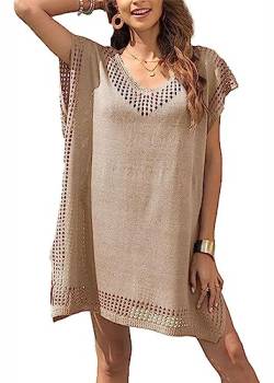 jakloz Damen Strandkleid V Ausschnitt Gestrickte Sommerkleider Strandponcho, Strandkleider Sexy Bikini Cover Up Boho Badeanzug Pareos(Khaki,2XL) von jakloz