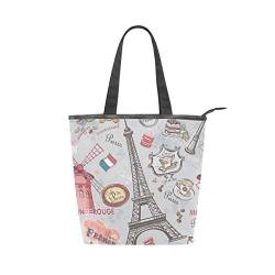 Jeansame Canvas Bag Tote Bag Einkaufstasche Top Griff Taschen Schulter Handtasche Eiffelturm Paris Blumen Französisch Vintage von jeansame
