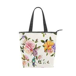 Jeansame Canvas Tote Bag Damen Shopper Top Griff Taschen Schulterhandtaschen mit Reißverschluss Vintage Blumen Rosen Landgarten von jeansame