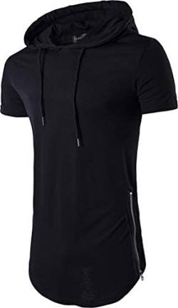 jeansian Herren Freizeit Casual Longline T-Shirt Short Sleeve Hoodies Zipper Hip Hop Tee Top JZA028 Black XL von jeansian