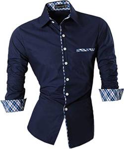 jeansian Herren Freizeit Hemden Shirt Tops Mode Langarmlig Men's Casual Dress Slim Fit Z020_DarkBlue_L von jeansian