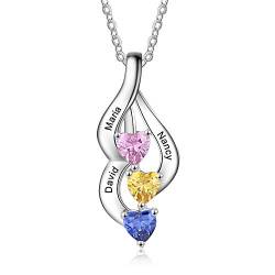 jewel Personalisierte Herz Halskette mit Silber Anhänger Gravur Namen Simulierte Geburtsstein Halskette Mutter Tochter Damen Geschenk für Muttertag Valentinstag (Silber 5) von jewel