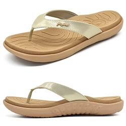 jiajiale Flip Flops Damen Mode Orthopädische Leder Stoff Leicht Zehentrenner Frauen Bequeme Yoga Fußbett Badelatschen Sommer Strand Rutschfest Feste Gummi Sohle Beige EU40.5 von jiajiale