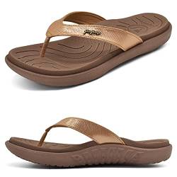 jiajiale Flip Flops Damen Mode Orthopädische Leder Stoff Leicht Zehentrenner Frauen Bequeme Yoga Fußbett Badelatschen Sommer Strand Rutschfest Feste Gummi Sohle Braun EU43 von jiajiale