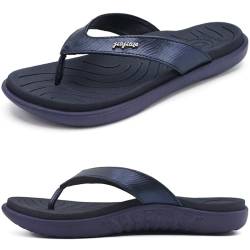 jiajiale Flip Flops Damen Mode Orthopädische Leder Stoff Leicht Zehentrenner Frauen Bequeme Yoga Fußbett Badelatschen Sommer Strand Rutschfest Feste Gummi Sohle Dunkel Blau EU36 von jiajiale