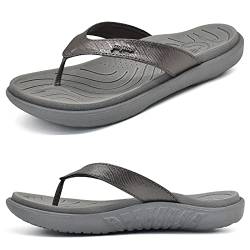 jiajiale Flip Flops Damen Mode Orthopädische Leder Stoff Leicht Zehentrenner Frauen Bequeme Yoga Fußbett Badelatschen Sommer Strand Rutschfest Feste Gummi Sohle Grau EU36 von jiajiale