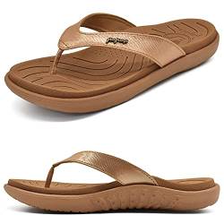 jiajiale Flip Flops Damen Mode Orthopädische Leder Stoff Leicht Zehentrenner Frauen Bequeme Yoga Fußbett Badelatschen Sommer Strand Rutschfest Feste Gummi Sohle Khaki EU36 von jiajiale