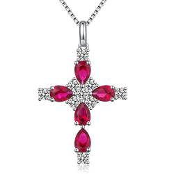 Kreuz Kette Damen Kette mit Kreuz Anhänger Kreuz Halskette Damen Silber 925 Rubin Halskette Kreuz Kette Silber Damen Silberkette mit kreuz Weißgold Kreuz Kette für Frauen Diamant Kreuz Kette 18” von jiamiaoi