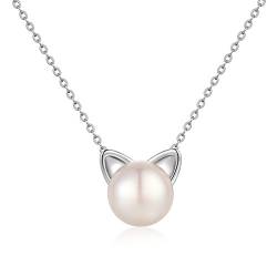 Perlenkette Silber Katze Anhänger Halskette mit Süßwasser Perlen für Mädchen, Damen-7.5mm Perlen Kette Damen jiamiaoi von jiamiaoi