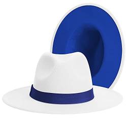 Klassischer Fedora-Hut mit breiter Krempe, für Damen und Herren, zweifarbig, mit Band, verstellbarer Filz-Panamahut, Weiß-Blau, Blau, Large von jingsha