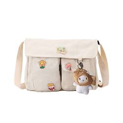 jingyuKJ Kawaii Schultasche Mädchen mit Kawaii, Niedlich Schutertasche mit Süß Anhänger, Canvas Crossbody Bag Damen Breiter, Handtasche Damen Umhängetasche für High School Teenager Mädchen von jingyuKJ