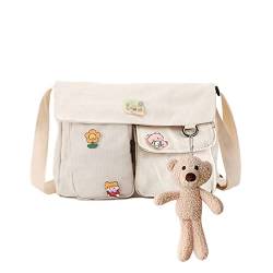 jingyuKJ Kawaii Schultasche Mädchen mit Kawaii, Niedlich Schutertasche mit Süß Anhänger, Canvas Crossbody Bag Damen Breiter, Handtasche Damen Umhängetasche für High School Teenager Mädchen von jingyuKJ