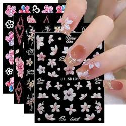 JMEOWIO 3D Nagelsticker Blume Kirschblüte Nail Art Sticker Selbstklebend Nagelaufkleber 5D Stereoskopisch Frühlings Sommer Blumen Dekoration Nageldesign Zubehör 4 Blatt von jmeowio