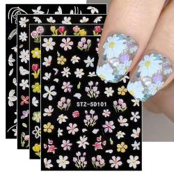 JMEOWIO 3D Nagelsticker Blume Nail Art Sticker Selbstklebend Nagelaufkleber 5D Stereoskopisch Frühlings Sommer Blumen Dekoration Nageldesign Zubehör 4 Blatt von jmeowio