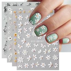 JMEOWIO 3D Nagelsticker Blume Nail Art Sticker Selbstklebend Nagelaufkleber 5D Stereoskopisch Frühlings Sommer Blumen Dekoration Nageldesign Zubehör 4 Blatt von jmeowio