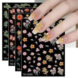 JMEOWIO 3D Nagelsticker Blume Nail Art Sticker Selbstklebend Nagelaufkleber 5D Stereoskopisch Frühlings Sommer Blumen Dekoration Nageldesign Zubehör 4 Blatt von jmeowio