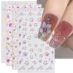 JMEOWIO 3D Nagelsticker Blume Nail Art Sticker Selbstklebend Nagelaufkleber 5D Stereoskopisch Sommer Frühling Blumen Dekoration Nageldesign Zubehör 4 Blatt von jmeowio